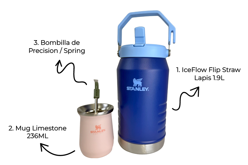 Combo Stanley para amantes del mate y de las aventuras en campo | IceFlow Flip Straw Jug 1.4L + Bombilla de precisión para Mate + Mate Mug 236ml