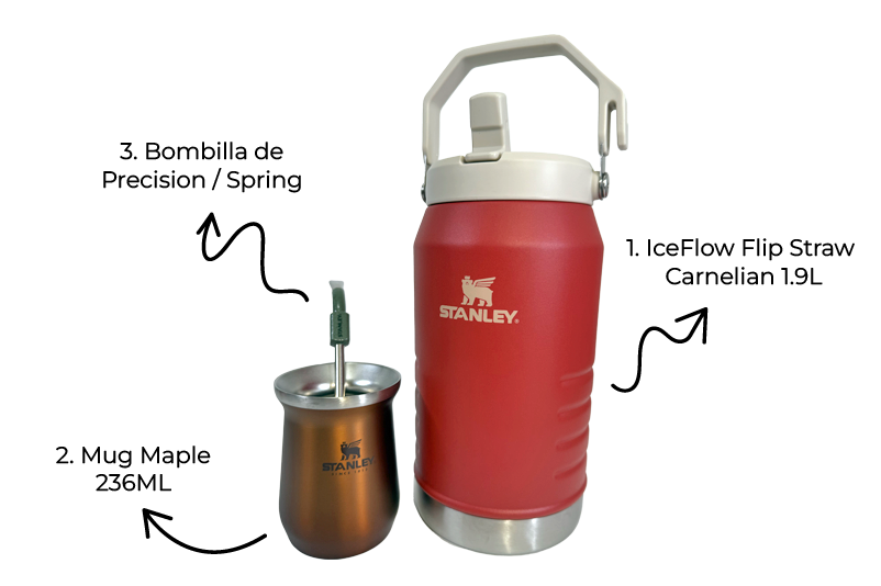 Combo Stanley para amantes del mate y de las aventuras en campo | IceFlow Flip Straw Jug 1.4L + Bombilla de precisión para Mate + Mate Mug 236ml