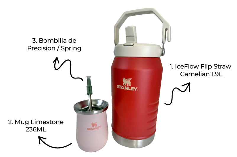 Combo Stanley para amantes del mate y de las aventuras en campo | IceFlow Flip Straw Jug 1.4L + Bombilla de precisión para Mate + Mate Mug 236ml
