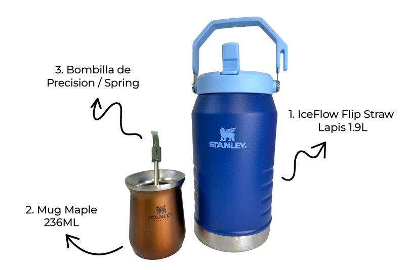 Combo Stanley para amantes del mate y de las aventuras en campo | IceFlow Flip Straw Jug 1.4L + Bombilla de precisión para Mate + Mate Mug 236ml